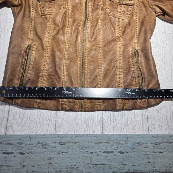 THRASHED J2 Camel Brown Faux Leather Jacket Crop LARGE Moto Steampunk Grunge Y2K - Picture 9 of 10